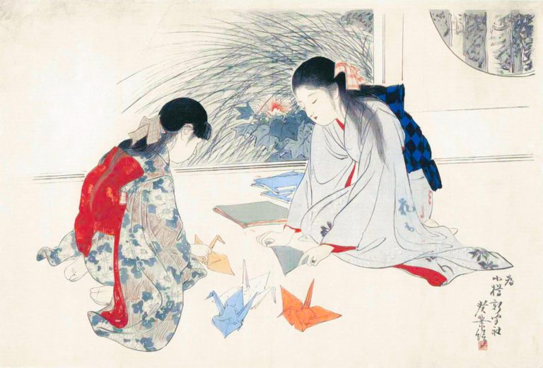 woodblock print showing japanese women folding origami