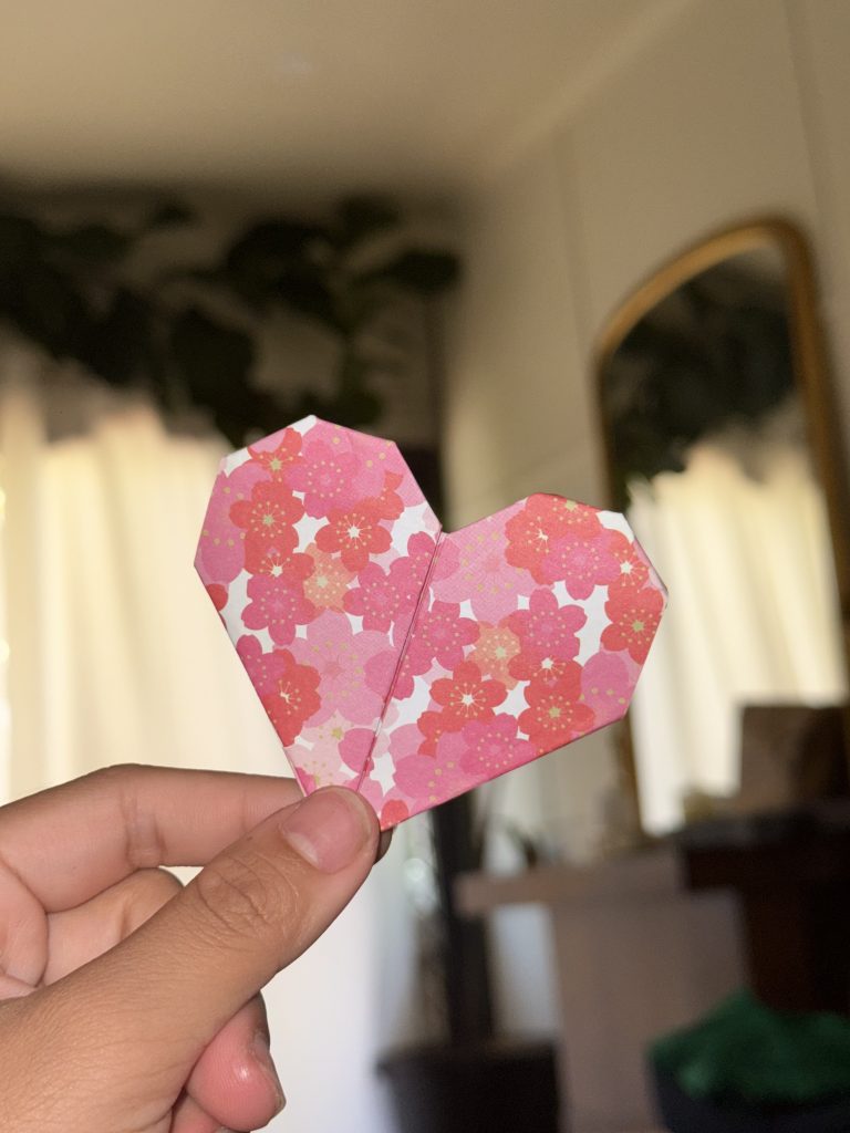 origami heart with flower pattern