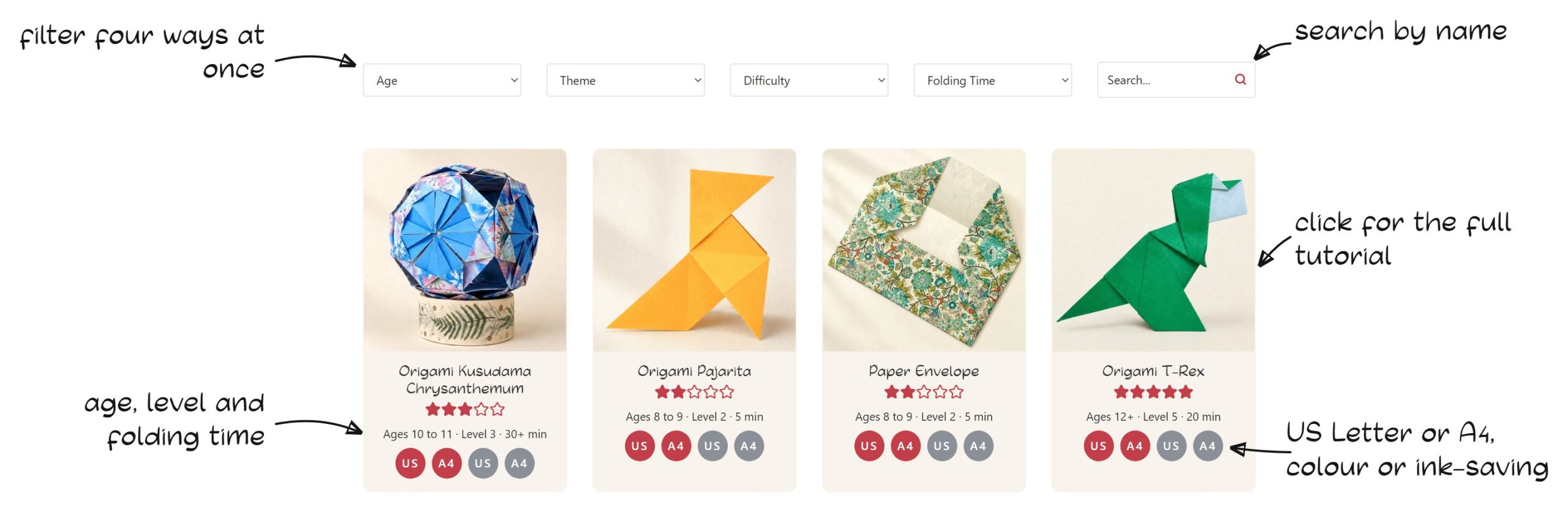 The Educator Library filtered by age, theme, difficulty and folding time, with printable PDF buttons in US Letter and A4