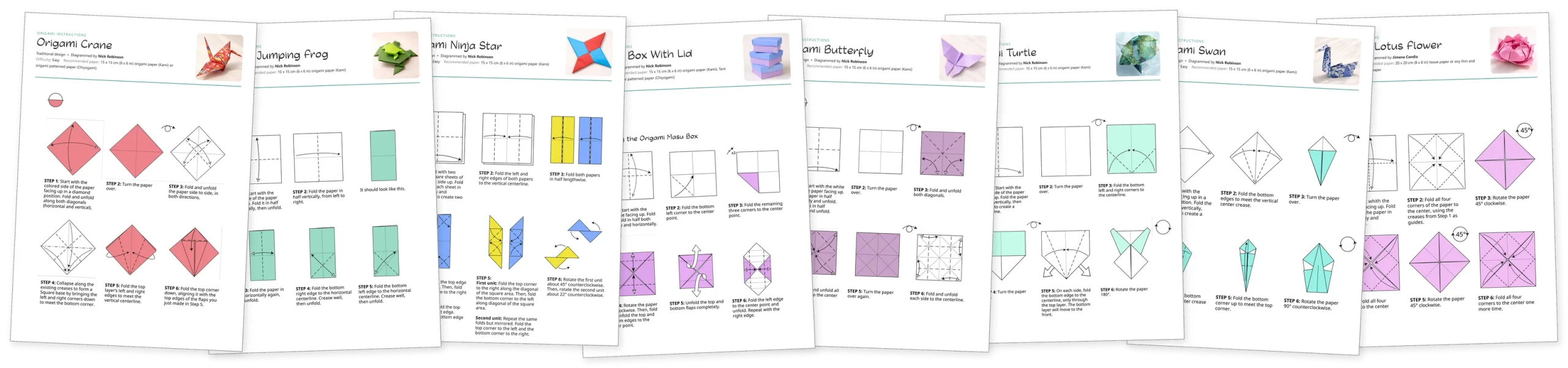 Printable instruction sheets for the eight most popular origami models: crane, jumping frog, ninja star, box with lid, butterfly, turtle, swan and lotus flower