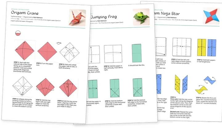 Printable origami PDF instructions for the crane, jumping frog and ninja star